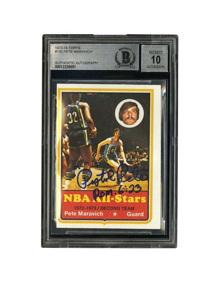 1973-74 TOPPS #130 PETE MARAVICH AUTOGRAPHED NBA ALL-STARS CARD - BECKETT 10 AUTO.