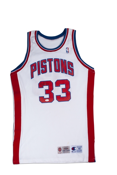 1994-95 GRANT HILL AUTOGRAPHED DETROIT PISTONS GAME WORN HOME JERSEY & WARM UP PANTS (MEARS/JSA)