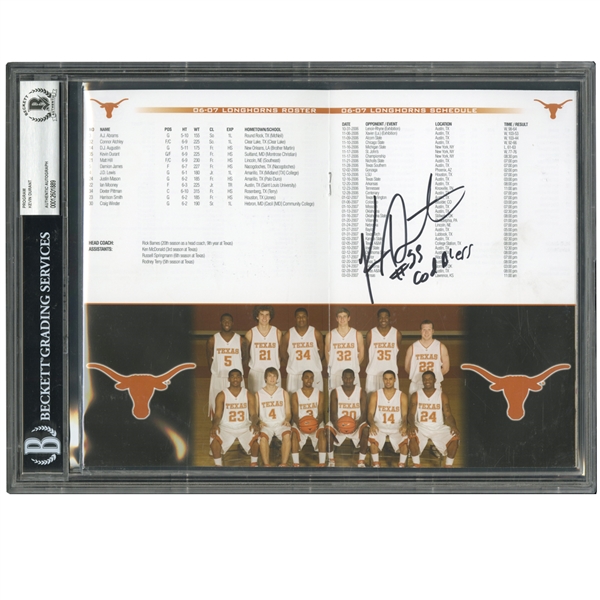 12/2/2006 KEVIN DURANT SIGNED TEXAS LONGHORNS TEAM ROSTER PAGE FROM THE BASKETBALL HALL OF FAME CHALLENGE PROGRAM (BECKETT ENCAPSULATED)