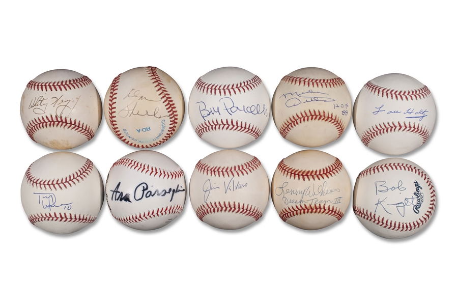 GROUP OF (10) COACHING LEGENDS SINGLE SIGNED BASEBALLS INCLUDING JIM "JIMMY V" VALVANO, BOBBY KNIGHT, BILL PARCELS AND LOU HOLTZ