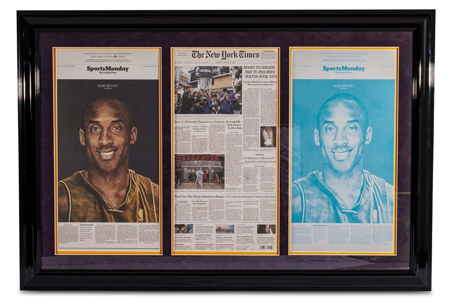 FRAMED DISPLAY OF KOBE BRYANT MEMORIAL SPREAD IN JANUARY 27, 2020 EDITION OF NEW YORK TIMES NEWSPAPER
