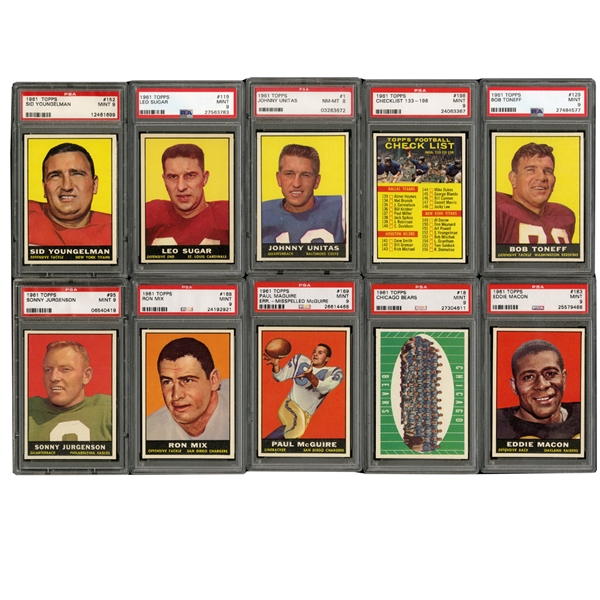1961 TOPPS FOOTBALL STARTER SET (32/198) INCL. # 1 JOHNNY UNITAS - PSA NM-MT 8 AND ALL OTHERS PSA MINT 9