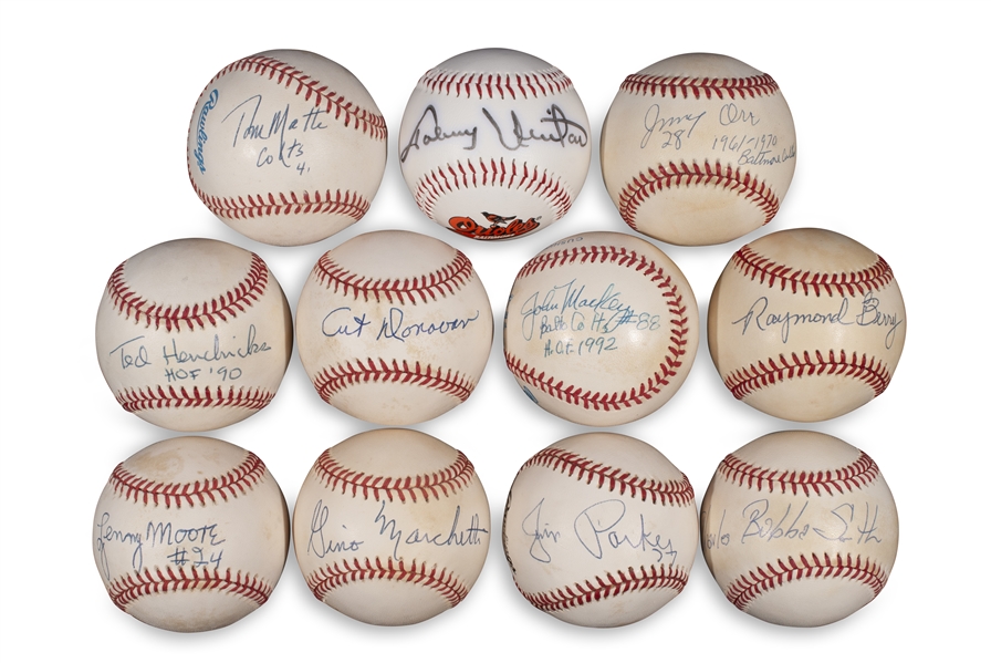 GROUP OF (11) BALTIMORE COLTS HOFERS AND LEGENDS SINGLE SIGNED BASEBALLS INCLUDING JOHNNY UNITAS, JOHN MACKEY AND BUBBA SMITH - JSA LOA (EXCEPT ORR IS BECKETT)