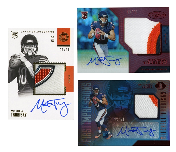 TRIO OF MITCHELL TRUBISKY PANINI RPA TRADING CARDS INCLUDING A 2017 PANININ #101 CAP PATCH AUTOGRAPH 1/10