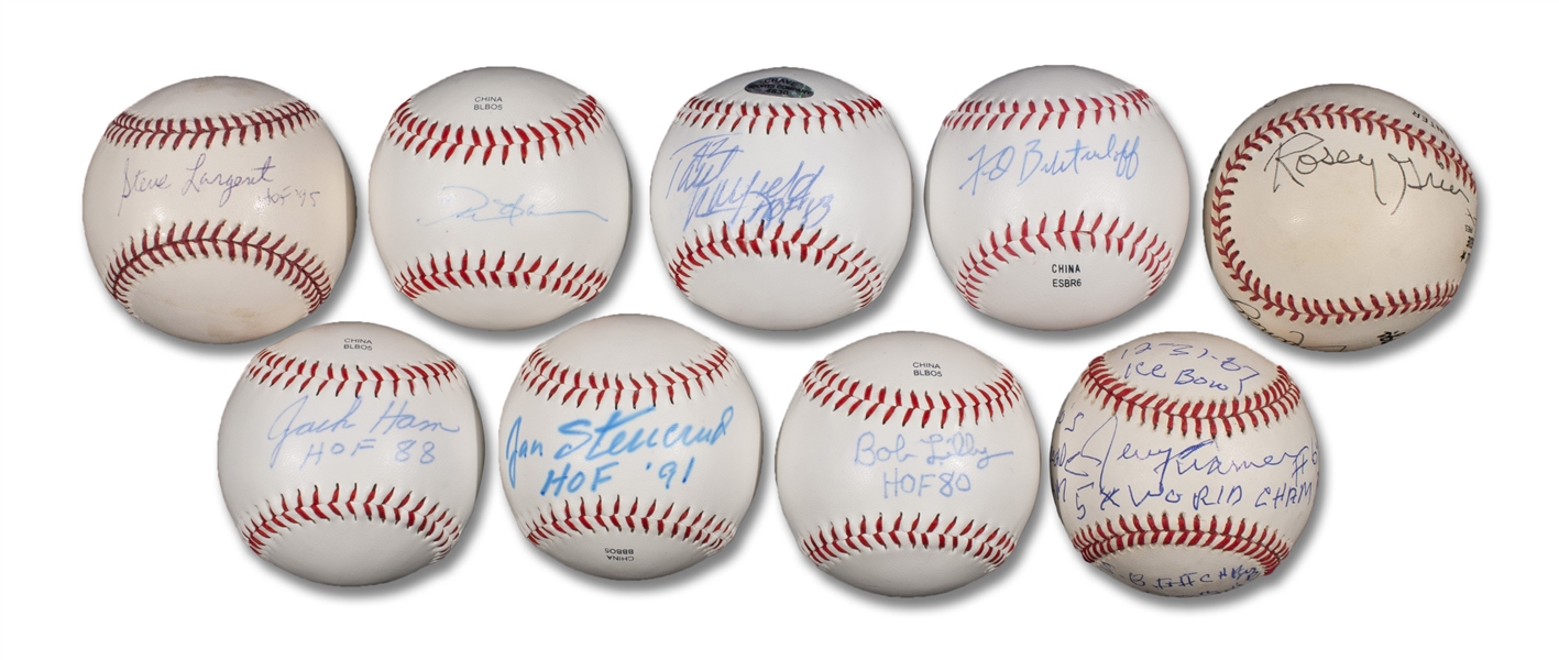 GROUP OF (9) FOOTBALL HALL OF FAMERS AND GREATS SIGNED BASEBALLS INCLUDING FRED BILETNIKOFF, JACK HAM, DEION SANDERS AND A FEARSOME FOURSOME SIGNED BASEBALL