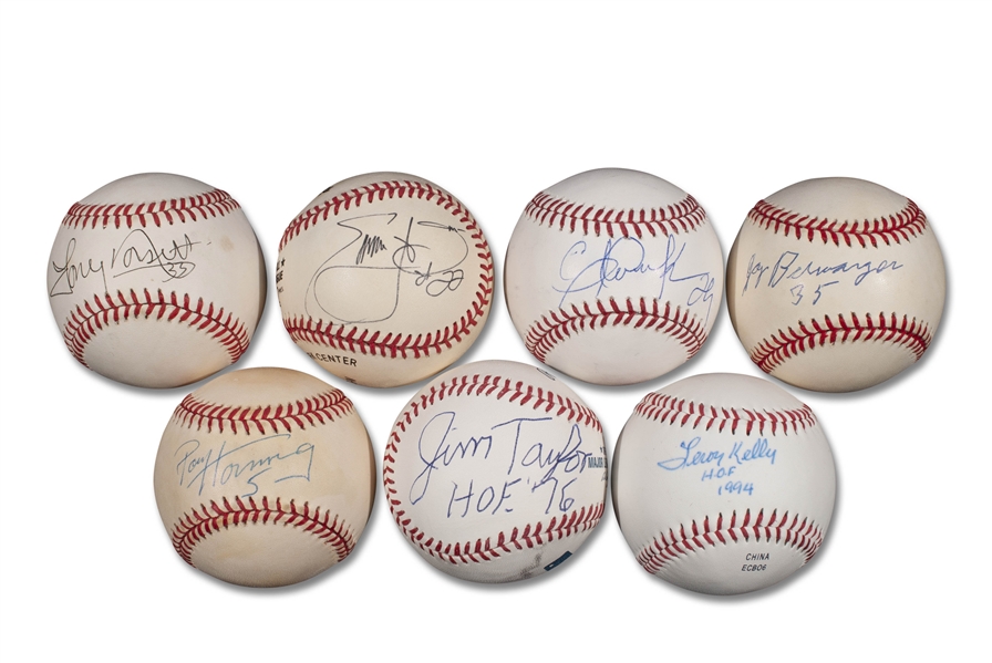 GROUP OF (7) LEGENDS AND HALL OF FAME RUNNING BACKS SINGLE SIGNED AND INSCRIBED BASEBALLS INCLUDING JAY BERWANGER (1ST HEISMAN WINNER), PAUL HORNUNG AND JIM TAYLOR