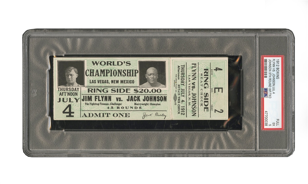 7/4/1912 JACK JOHNSON VS. JIM FLYNN WORLD HEAVYWEIGHT CHAMPIONSHIP FIGHT TICKET STUB - PSA EX 5