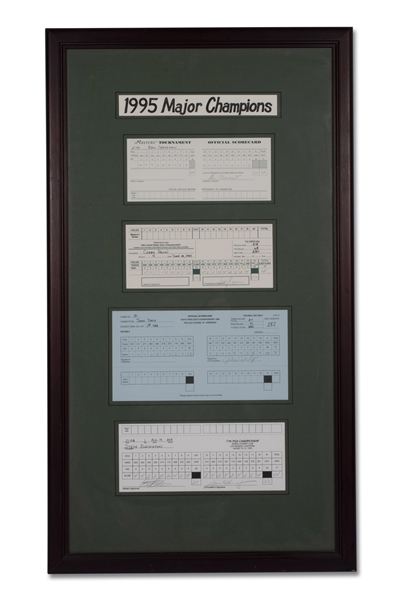 1995 MAJOR CHAMPIONS FRAMED AND SIGNED SCORECARDS INCLUDING, JOHN DALY, COREY PAVIN, STEVE ELKINGTON AND BEN CRENSHAW (BECKETT LOA)