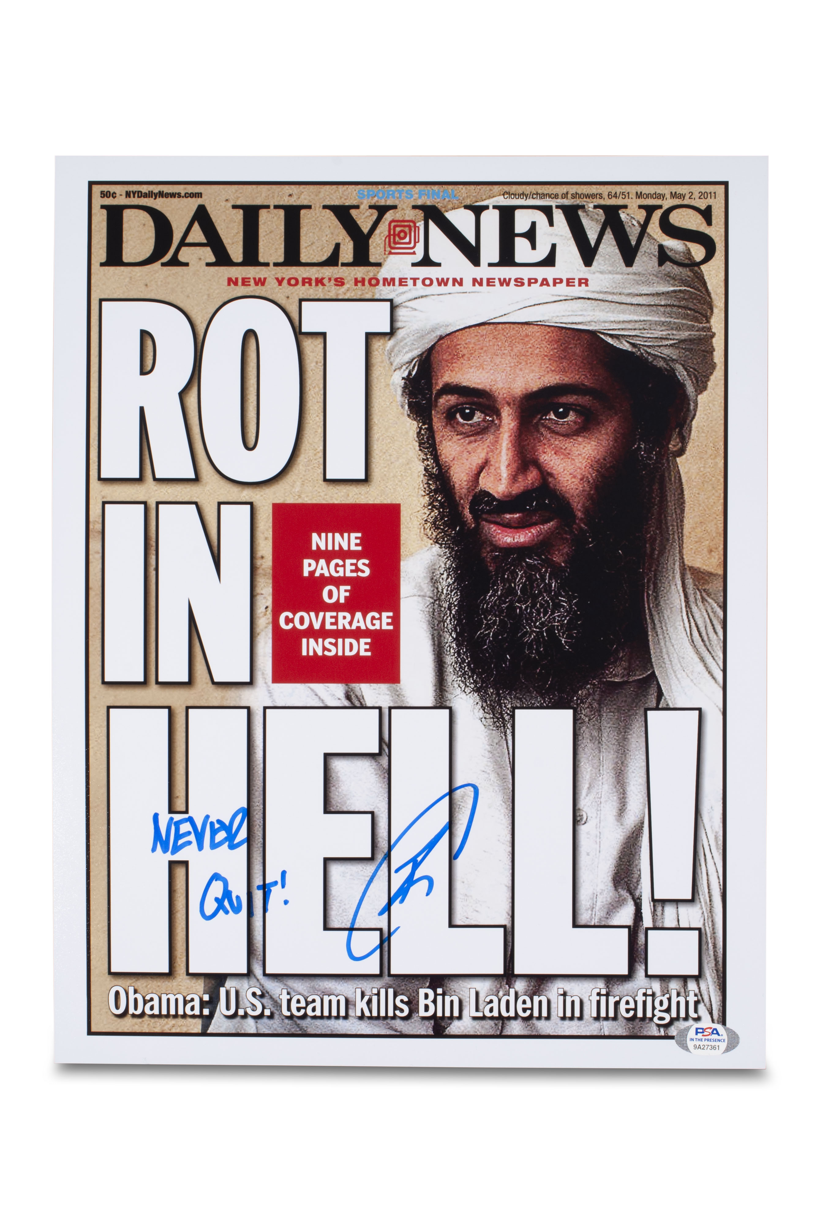 Lot Detail Robert J O Neill U S Navy Seal Who Killed Osama Bin Laden Signed 11x14 Daily News Cover Psa Dna