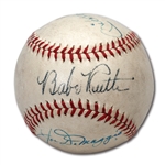 FINE BABE RUTH, JOE DIMAGGIO AND MICKEY MANTLE SIGNED BASEBALL WITH EXCEPTIONAL ORIGINAL OWNER PROVENANCE - PSA/DNA