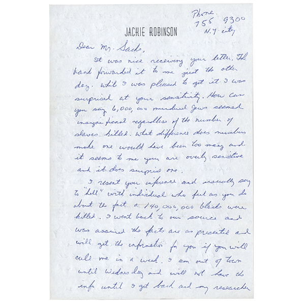 HISTORICALLY SIGNIFICANT JACKIE ROBINSON AUTOGRAPHED LETTER CONTAINING EXTREMELY SENSITIVE HOLOCAUST AND SLAVE TRADE CONTENT (AL TAPPER COLLECTION) - PSA/DNA LOA