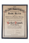 1926 ALL-AMERICA TEAM HERB PENNOCK CERTIFICATE INCL. INCREDIBLE GEO. H. "BABE" RUTH AUTOGRAPH - PENNOCK FAMILY PROVENANCE - BECKETT LOA