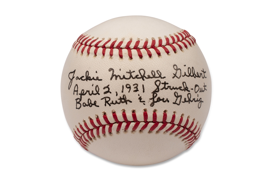 JACKIE MITCHELL GILBERT SIGNED AND INSCRIBED BASEBALL (STRUCK OUT BABE RUTH & LOU GEHRIG IN 1931 WHEN SHE WAS ONLY 17 YEARS OLD) (AL TAPPER COLLECTION) - PSA/DNA LOA