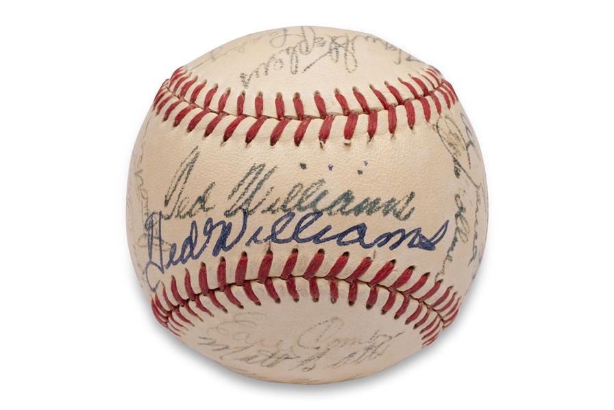 1950 RED SOX TEAM SIGNED OAL BASEBALL WITH (2) WILLIAMS AUTOGRAPHS ON THE SWEET SPOT (AL TAPPER COLLECTION) - BECKETT LOA