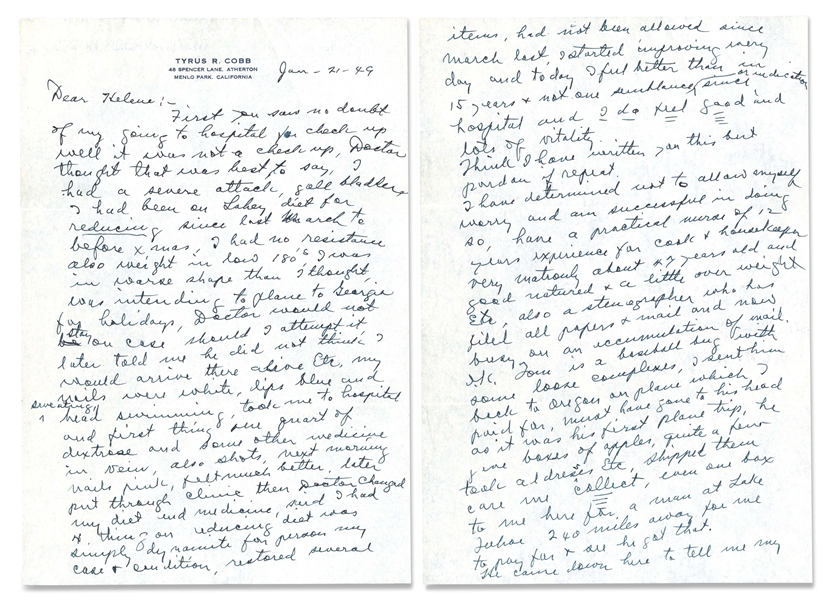 JANUARY 21, 1949 TY COBB SIGNED AND HANDWRITTEN FOUR-PAGE LETTER (AL TAPPER COLLECTION) - PSA/DNA LOA