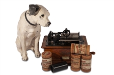 UNIQUE AND ORIGINAL 1920S RCA VICTOR DOG "NIPPER" WITH A 1905 EDISON STANDARD PHONOGRAPH (AL TAPPER COLLECTION)