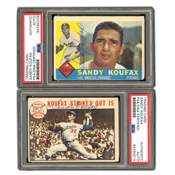 SHARP SANDY KOUFAX COMBO OF 1960 TOPPS #343 AND 1964 TOPPS #136 WORLD SERIES "KOUFAX STRIKES OUT 15" VINTAGE BALLPOINT AUTOGRAPHED CARDS (JACK ZIMMERMAN COLLECTION) - PSA/DNA