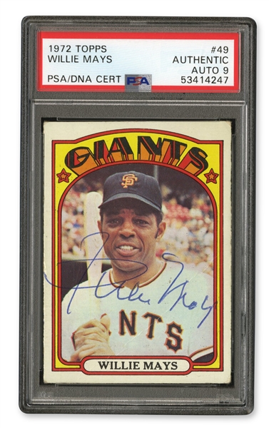 SPECIAL 1972 TOPPS #49 WILLIE MAYS AUTOGRAPHED BASEBALL CARD - MAYS LAST CARD AS A GIANT (JACK ZIMMERMAN COLLECTION) - PSA/DNA AUTHENTIC AUTO 9