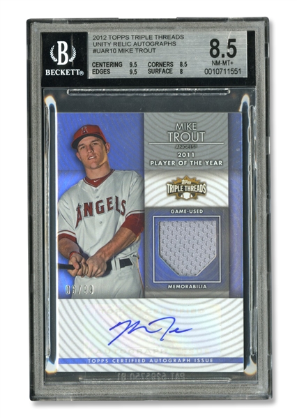 2012 TOPPS TRIPLE THREADS UNITY RELIC AUTOGRAPHS MIKE TROUT - BGS NM-MT+ 8.5, AUTO. 10