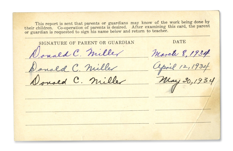 1934 DON MILLER TRIPLE-SIGNED REPORT CARD (FAMILY PROVENANCE) - PSA/DNA