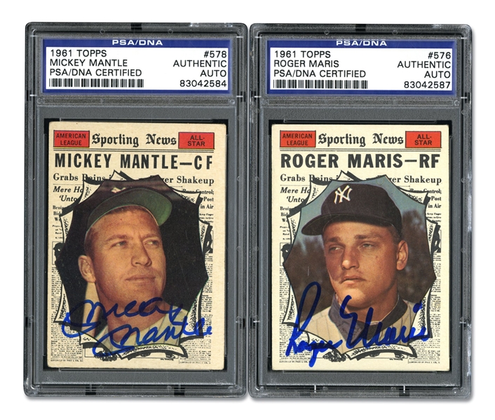 PAIR OF SIGNED 1961 TOPPS ROGER MARIS AND MICKEY MANTLE CARDS - PSA/DNA