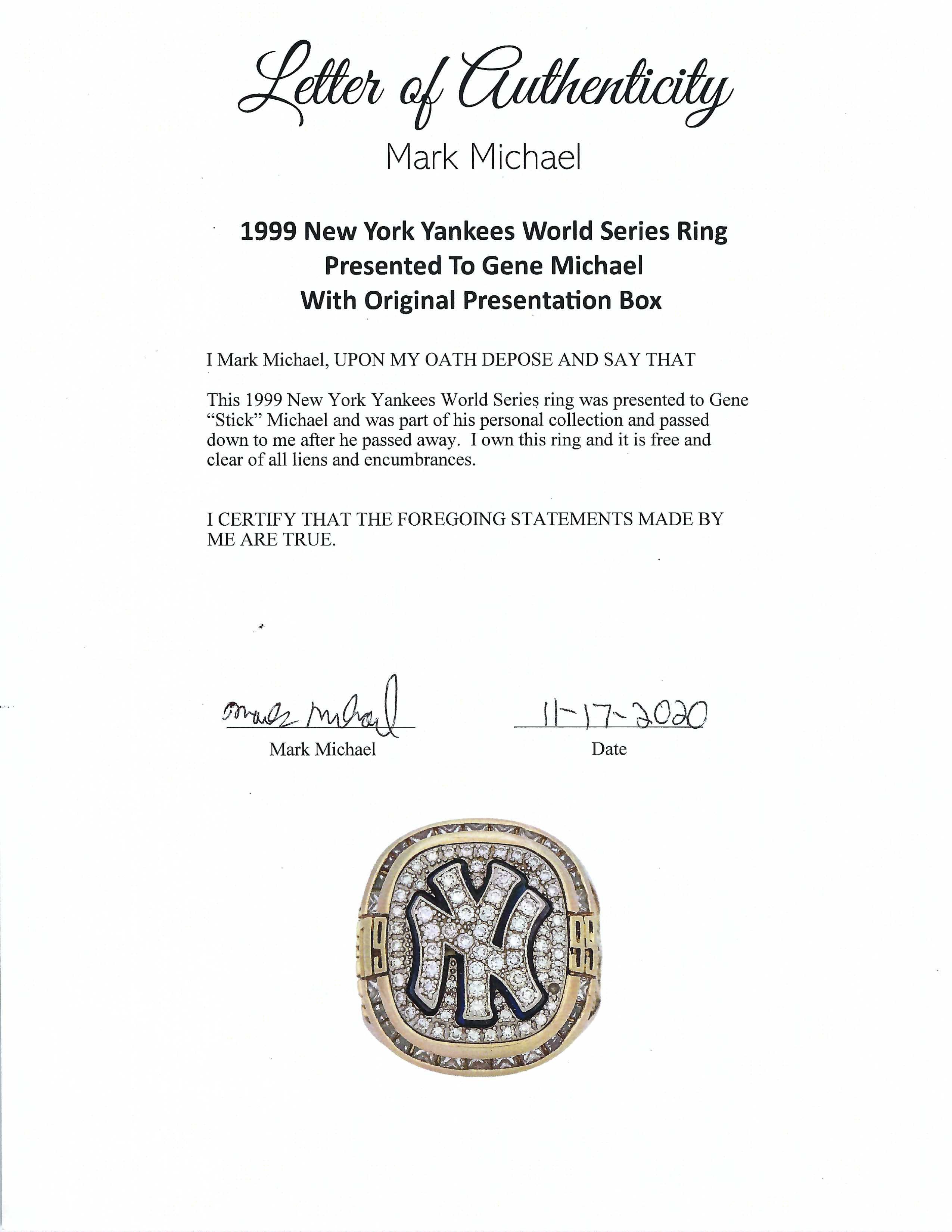 1999 New York Yankees World Series Ring Presented To Gene Michael