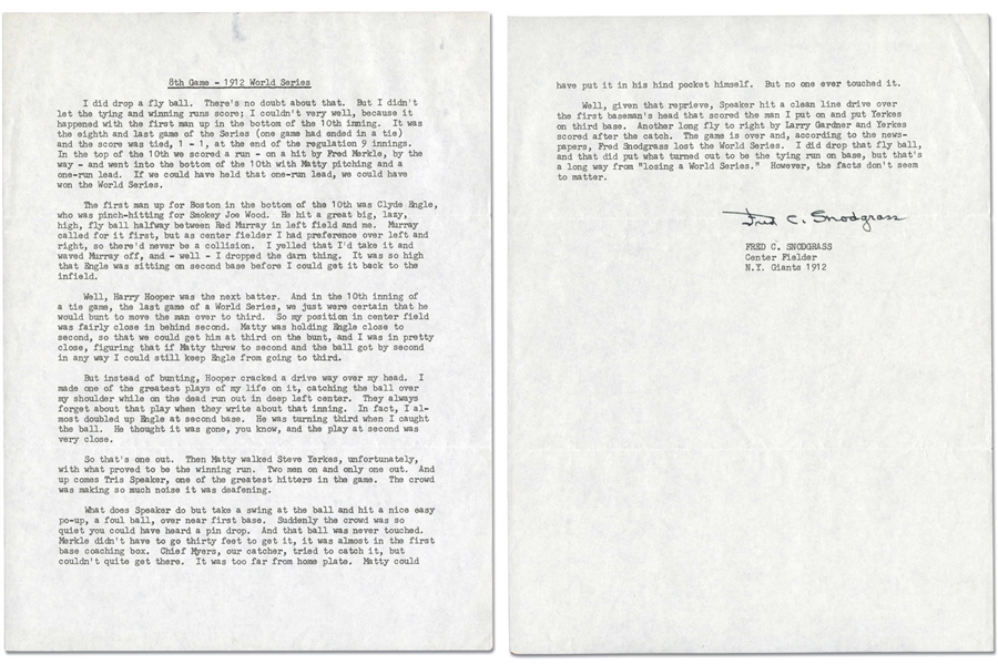 FRED SNODGRASS NEW YORK GIANTS LETTER DETAILING EVENTS OF FINAL GAME OF 1912 WORLD SERIES - PSA LOA - JSA LOA