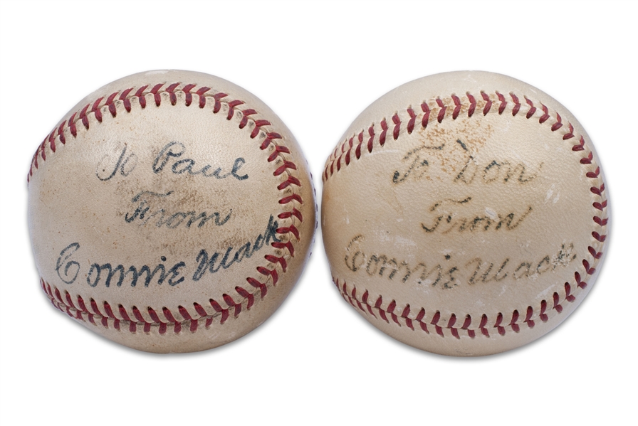 (2) CONNIE MACK SINGLE SIGNED BASEBALLS (PERSONALIZED "TO DON" - THEN TEENAGER DON DONOHER - FUTURE COLLEGE BASKETBALL HOF COACH - THE OTHER "TO PAUL") - BECKETT
