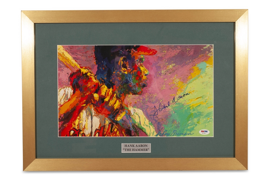 AUTOGRAPHED HANK AARON "THE HAMMER" IMAGE BY LEROY NEIMAN 15" X 21" FROM MAGAZINE PAGES - PSA/DNA
