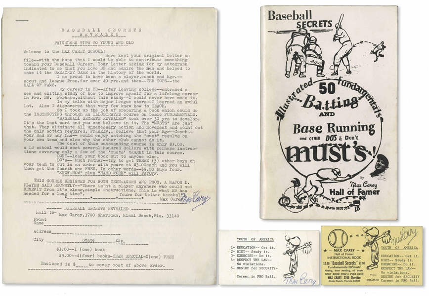 1966 MAX CAREY (HOF 1961) BASEBALL SECRETS BOOK - INCLUDES SIGNED LETTER AND BUSINESS CARDS - BECKETT