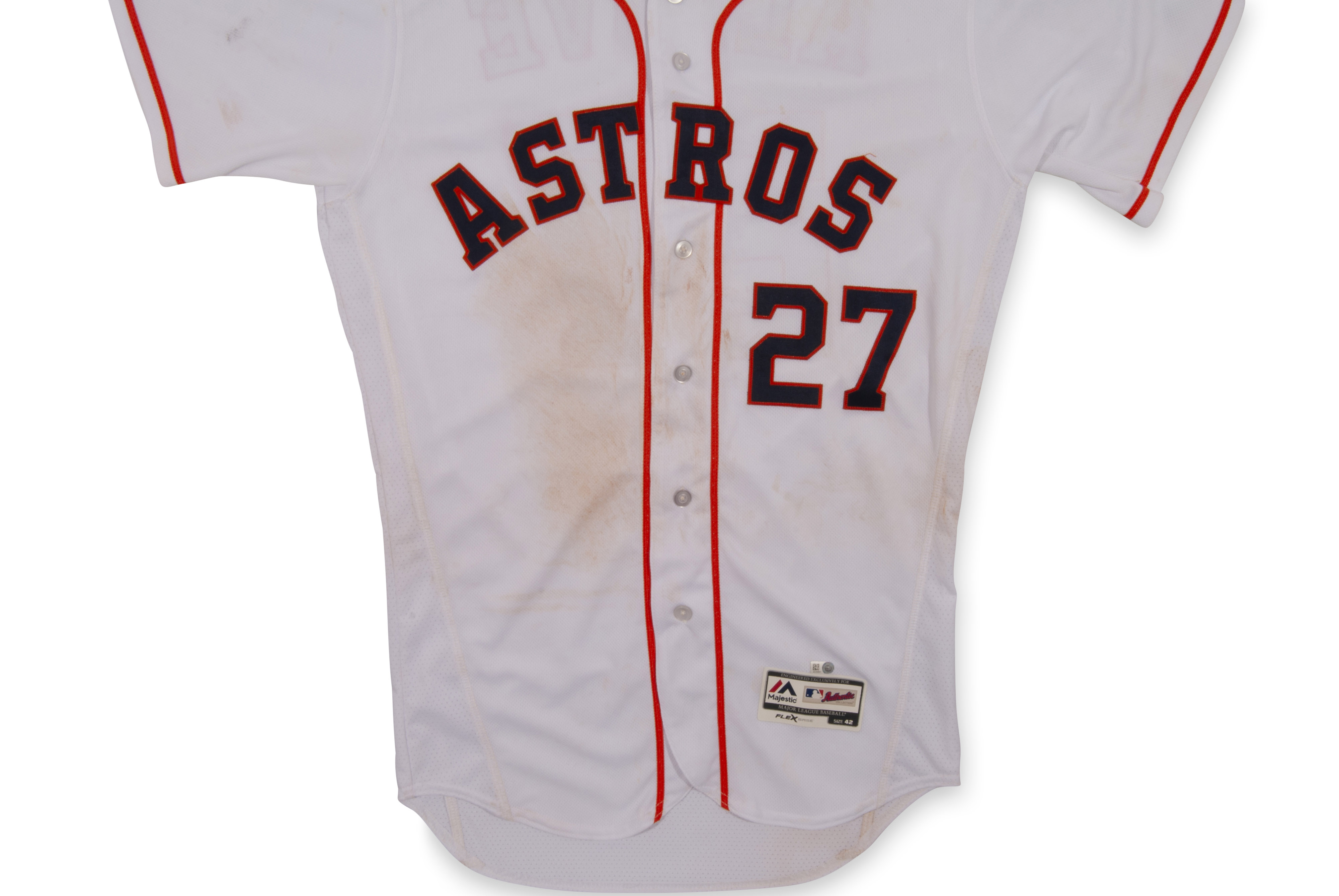 A detail view of the jersey worn by Jose Altuve of the Houston