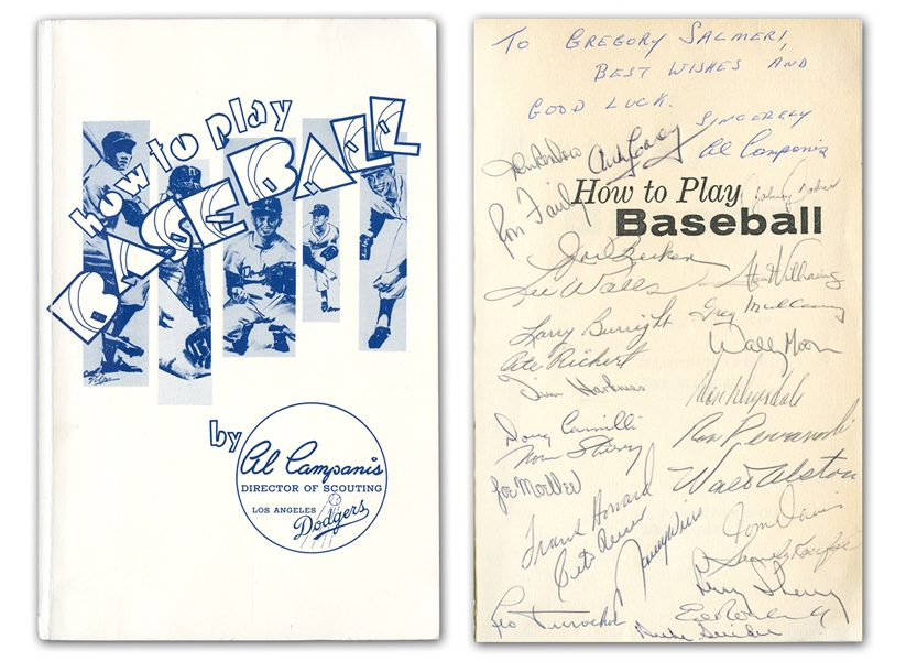 IMPORTANT 1962 LOS ANGELES DODGERS TEAM SIGNED "HOW TO PLAY BASEBALL" BOOK INCLUDING AUTHOR & DODGER EXECUTIVE AL CAMPANIS, KOUFAX, DRYSDALE & ALSTON - BECKETT LOA