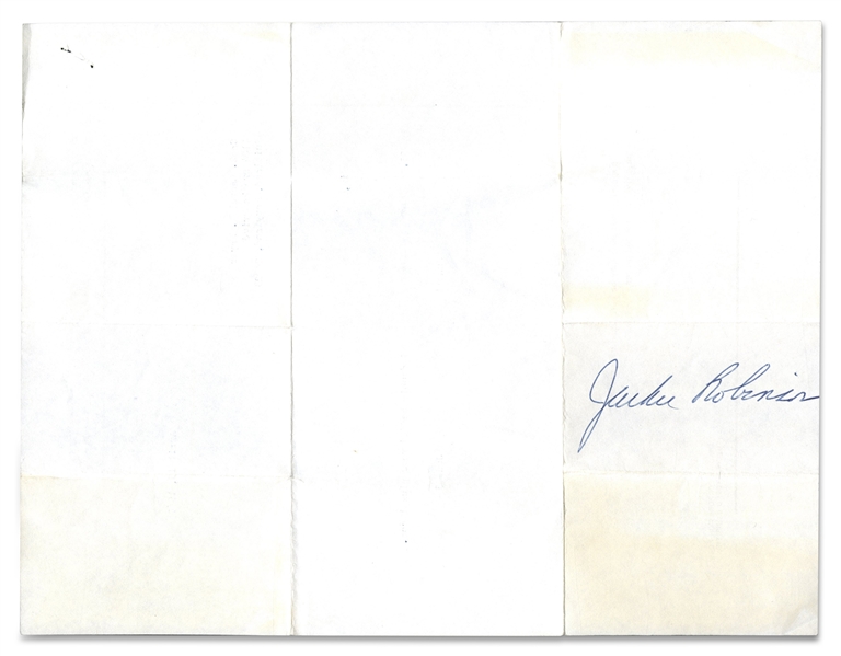 UNIQUE 1967 JACKIE ROBINSON AUTOGRAPHED REVERSE SIDE OF HOTEL RECEIPT - PERFECT EXAMPLE FOR MATTING & FRAMING WITH JACKIE PHOTO OR BASEBALL CARD - PSA/DNA