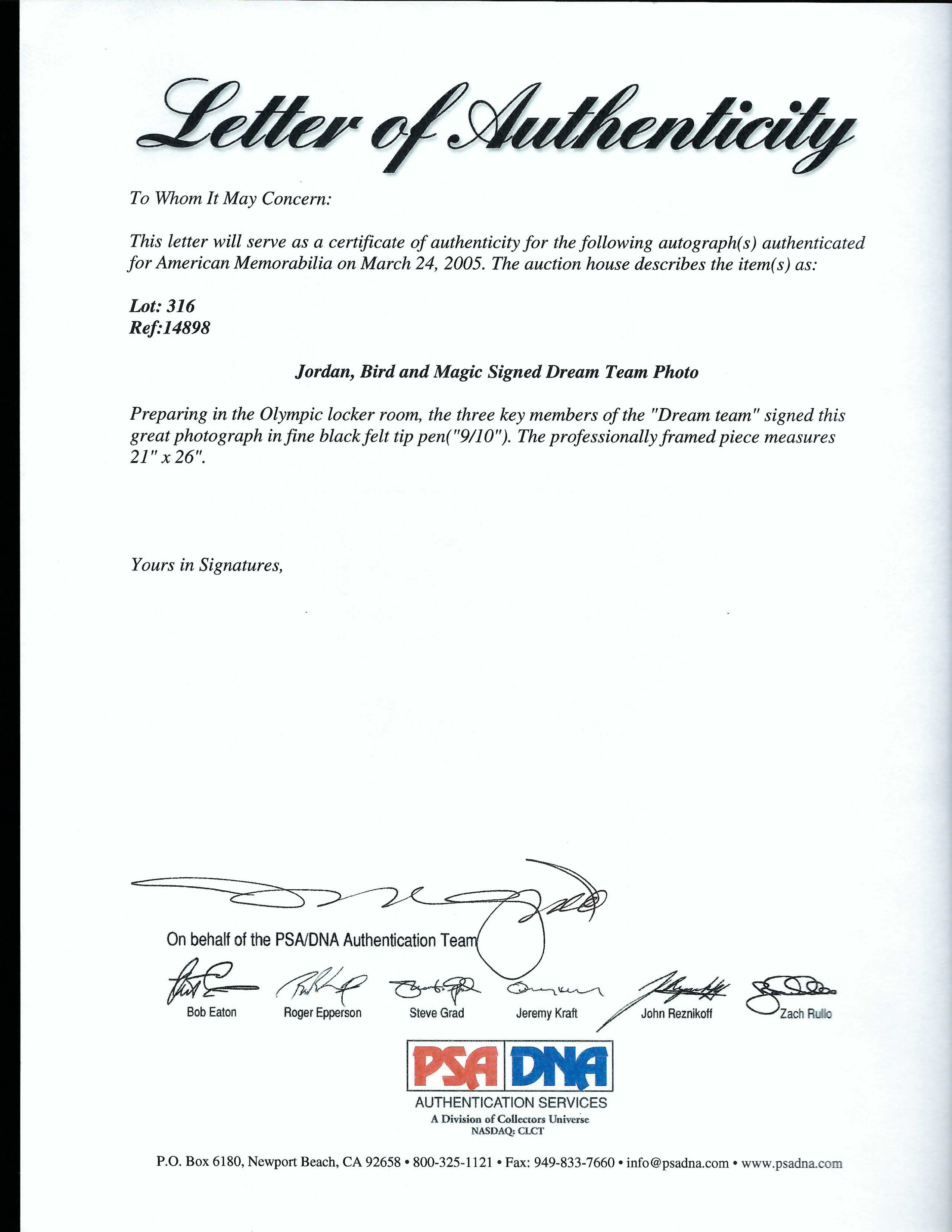 Michael Jordan, Magic Johnson & Larry Bird Signed 22.5x26.5 Custom Framed  Team USA Dream Team Photo Display (UDA COA, Authentic Signing COA, & Bird  Hologram)