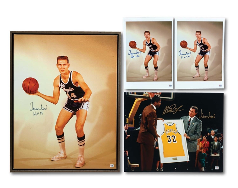 JERRY WEST SIGNED 23 X 30 FRAMED ROOKIE CANVAS AND (2) SIGNED 11 X 14 ROOKIE PHOTOS PLUS MAGIC JOHNSON & WEST DUAL-SIGNED 16 X 20 MAGIC JERSEY RETIREMENT PHOTO