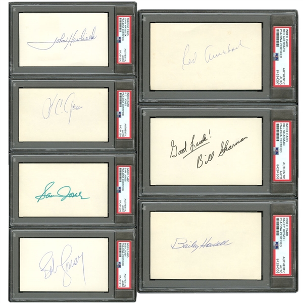 SUPERB GROUP OF (7) BOSTON CELTICS AND HALL OF FAME LEGENDS VINTAGE AUTOGRAPHED 3" X 5" INDEX CARDS - AUERBACH, COUSY, HAVLICEK & MORE- (JACK ZIMMERMAN COLLECTION) - PSA/DNA