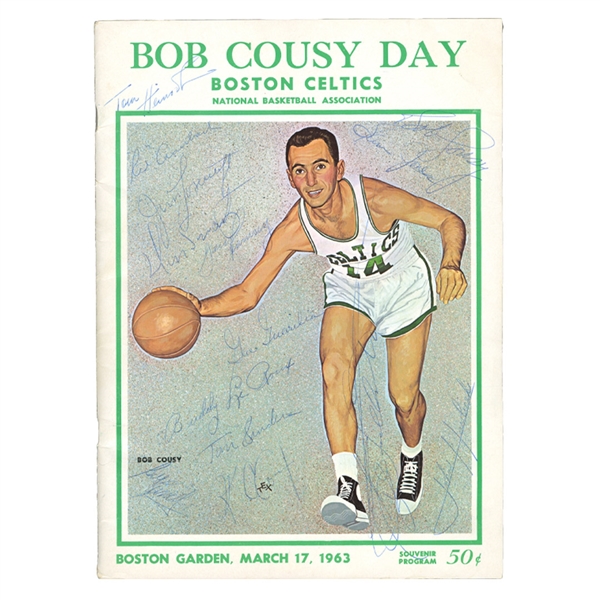 CLASSIC 1963 BOB COUSY DAY BOSTON CELTICS TEAM SIGNED PROGRAM - INCLUDES VINTAGE AUTOGRAPHS OF COUSY, RUSSELL, AUERBACH, HAVLICEK - BECKETT LOA