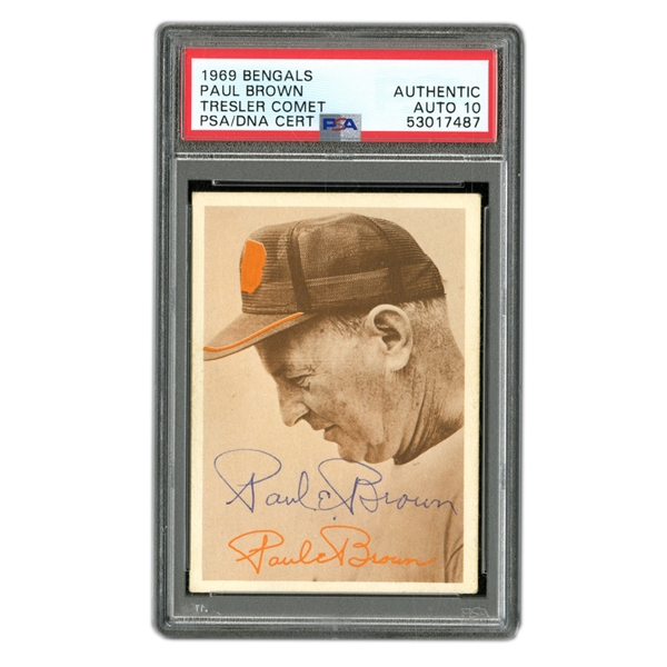FRESH TO THE HOBBY - SIGNIFICANT AND SCARCE - HISTORIC FOOTBALL INNOVATOR - 1969 TRESLER COMET CINCINNATI BENGALS - COACH PAUL BROWN AUTOGRAPHED FOOTBALL CARD - PSA/DNA GEM MT 10