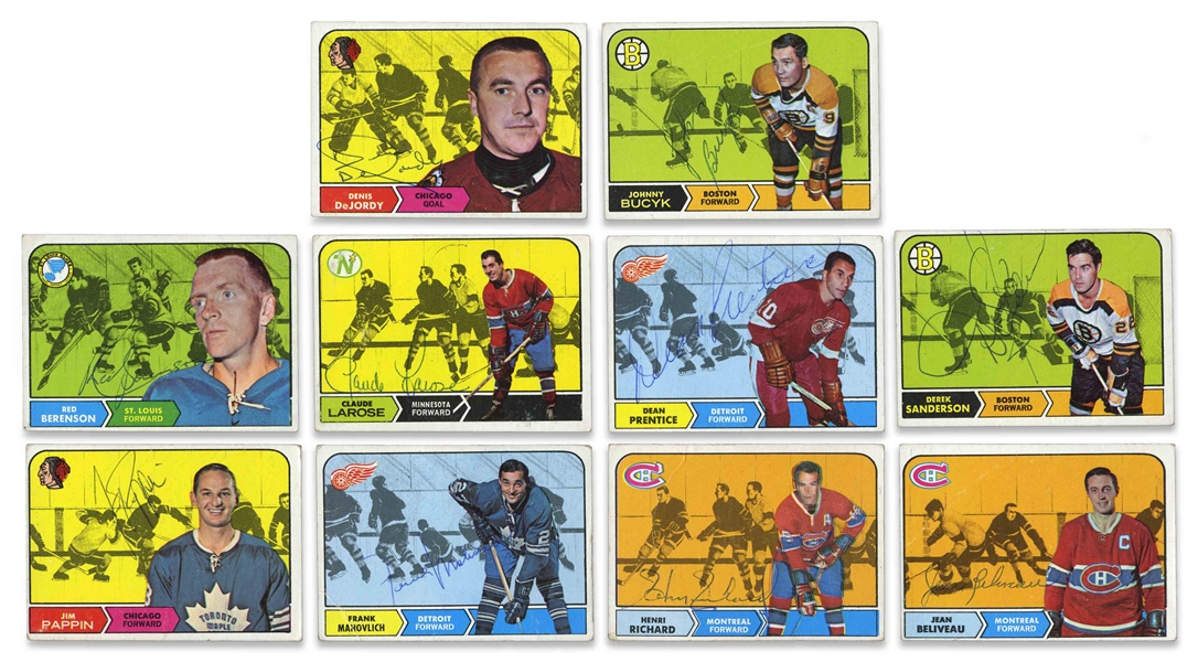 FRESH TO HOBBY GROUP OF (10) 1968 TOPPS AUTOGRAPHED HOCKEY CARDS INCL. BERENSON, BUCYK, SANDERSON - (JACK ZIMMERMAN COLLECTION) - BECKETT PRECERTIFIED