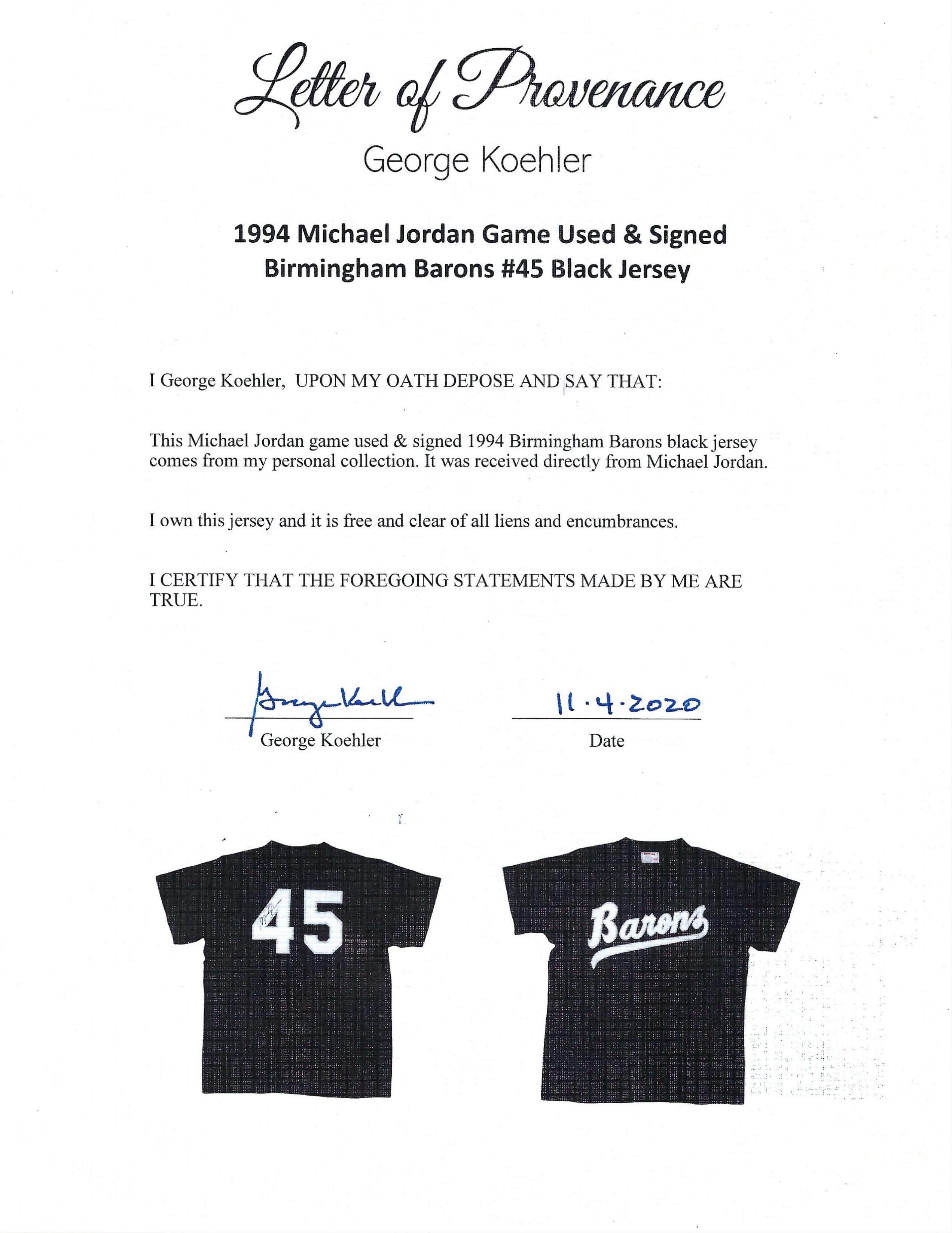 Lot Detail - 1994 Michael Jordan Game Used, Photo Matched & Signed  Birmingham Barons #45 Home Jersey (Sports Investors Authentication & UDA)