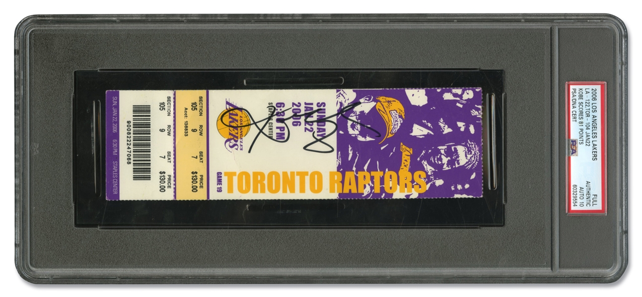 JANUARY 22, 2006 LOS ANGELES LAKERS FULL TICKET - KOBE BRYANT SCORES LOS ANGELES LAKERS RECORD 81 POINTS IN WIN VS. RAPTORS - PSA AUTHENTIC, GEM MINT 10 AUTO