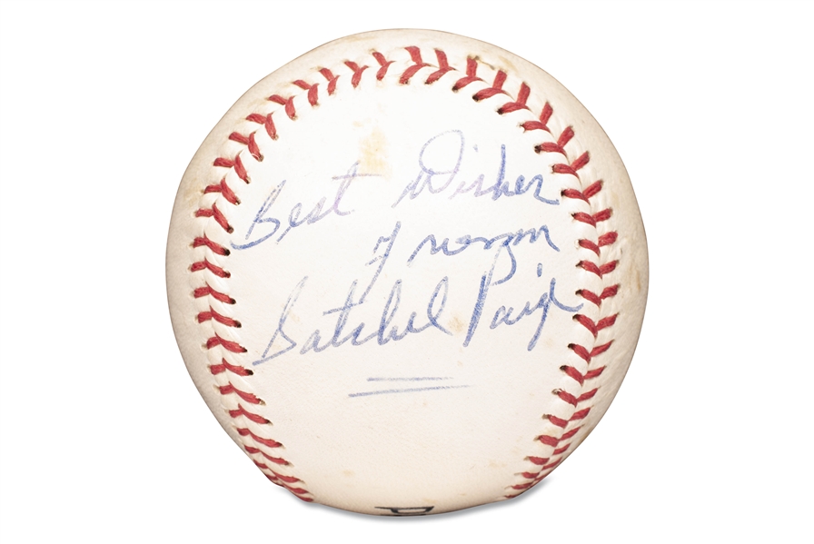 SATCHEL PAIGE SIGNED AND INSCRIBED WILSON PROFESSIONAL MODEL BASEBALL - BECKETT