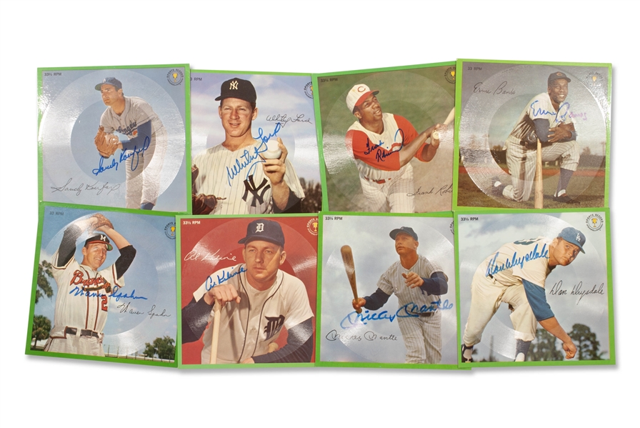 1962 BASEBALL AURAVISION 33 1/3 SPORTS RECORDS (HOLE INTACT) - AUTOGRAPHED LOT OF 8 (MANTLE. KOUFAX, FORD, F. ROBINSON, KALINE, BANKS, DRYSDALE, SPAHN) - BECKETT PRE-CERTIFIED