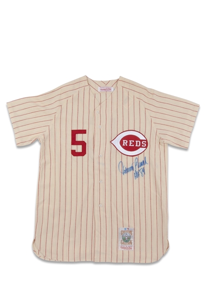 JOHNNY BENCH CINCINNATI REDS AUTOGRAPHED MITCHELL AND NESS JERSEY AND CAP - PSA/DNA
