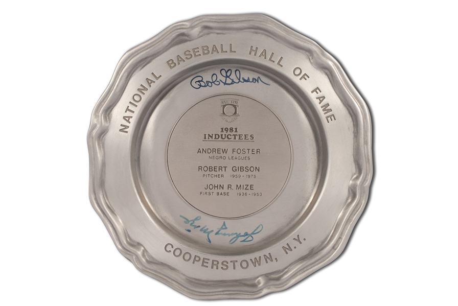 1981 BASEBALL HALL OF FAME INDUCTION PEWTER PLATE - SIGNED BY BOB GIBSON AND JOHNNY MIZE - JSA COA
