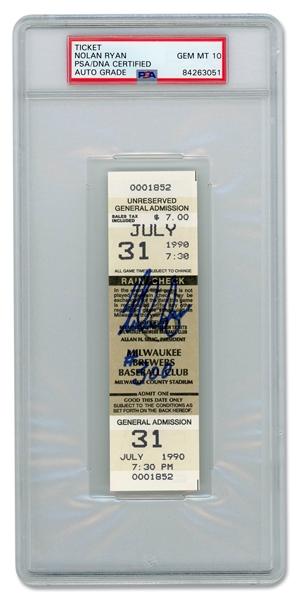 JULY 31, 1990 NOLAN RYAN SIGNED AND INSCRIBED "#300" FULL TICKET FROM HIS 300TH VICTORY - PSA/DNA GEM MINT 10