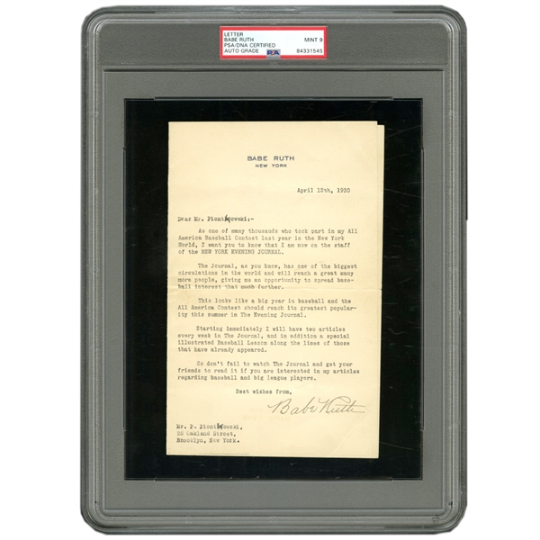 1930 BABE RUTH PERSONALLY SIGNED LETTER - BABE RUTH NEW YORK STATIONARY - INC. ORIGINAL ENVELOPE - PSA/DNA MINT 9