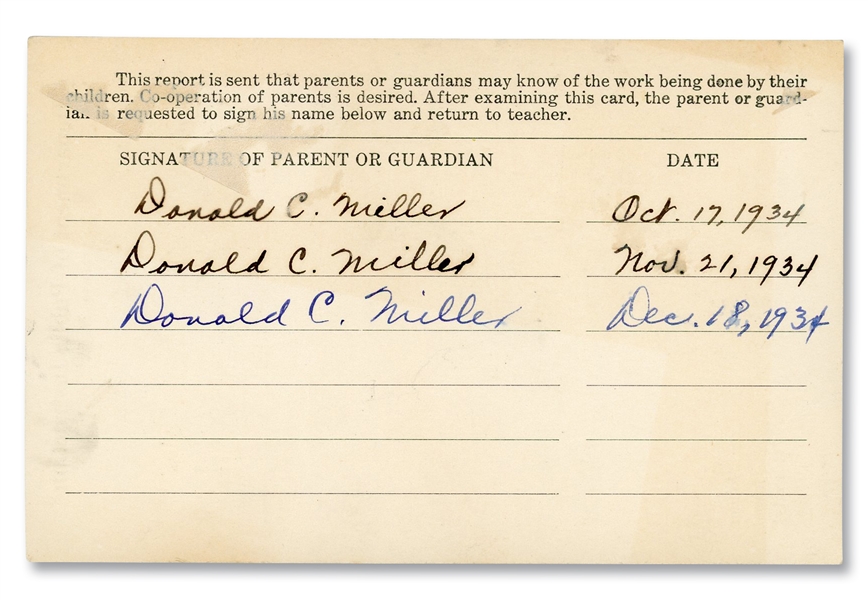 1934 DON MILLER TRIPLE-SIGNED REPORT CARD (DON MILLER FAMILY PROVENANCE) - PSA/DNA