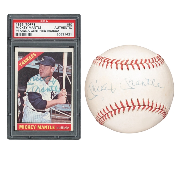 AUTOGRAPHED 1966 TOPPS #50 MICKEY MANTLE - PSA/DNA AUTHENTIC & MICKEY MANTLE SINGLE SIGNED OAL (BROWN) BASEBALL - PSA/DNA LOA