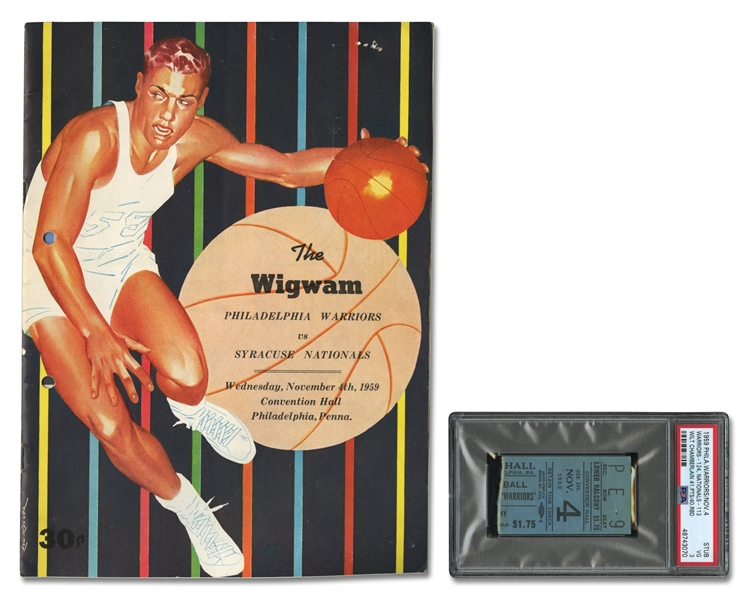 1959 WILT CHAMBERLAIN 3RD CAREER NBA GAME FULL TICKET STUB (WARRIORS VS. SYRACUSE NATS) - PSA POP OF 1 W/ GAME PROGRAM PAIR